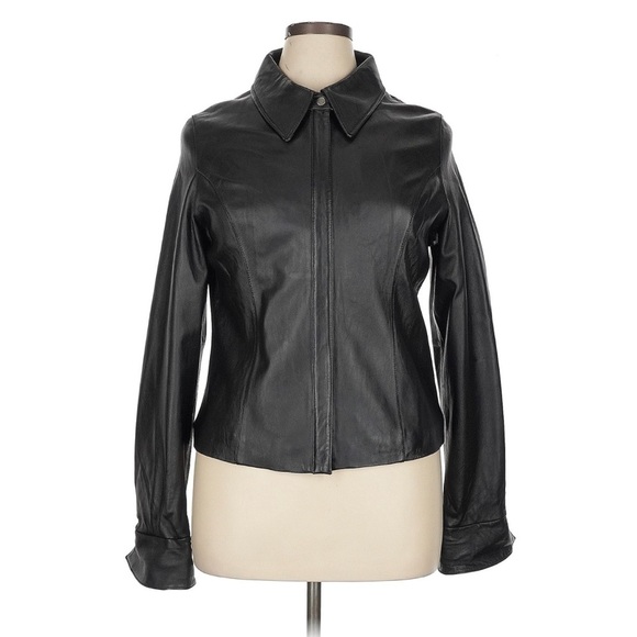 Vintage Leather Jacket Zip Up Collared Flare Cuffs in Black - Picture 1 of 13